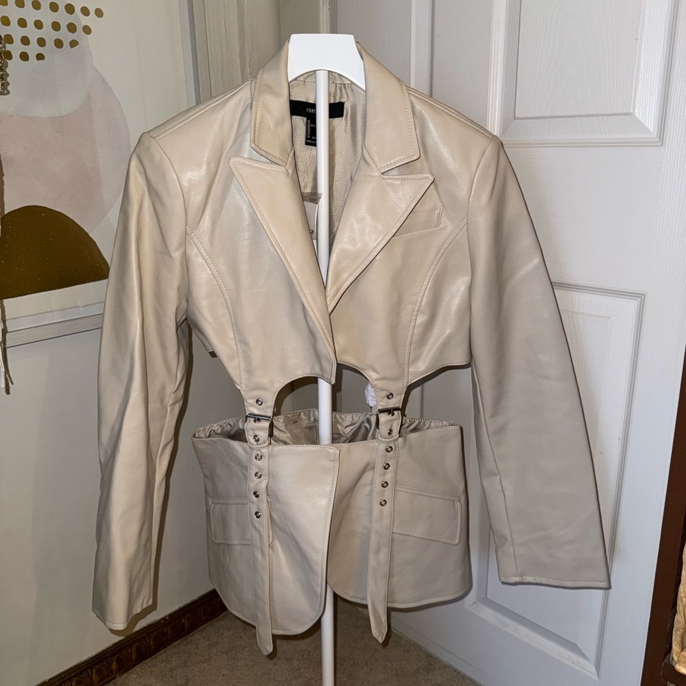 Beige Cutout Leather Jacket